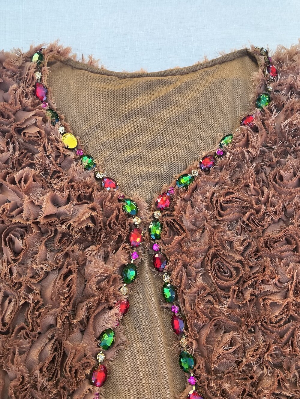 Brown Textured Cropped Jacket With Multi Color Rhinestones - Picture 5 of 11